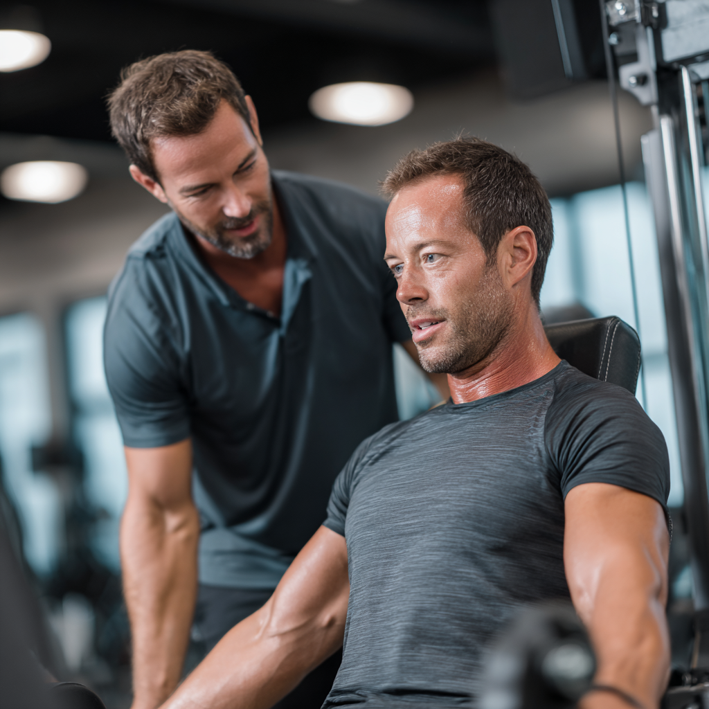 Professional fitness trainer in his 40s demonstrating proper exercise form to a client in a modern gym environment, emphasizing safety and technique